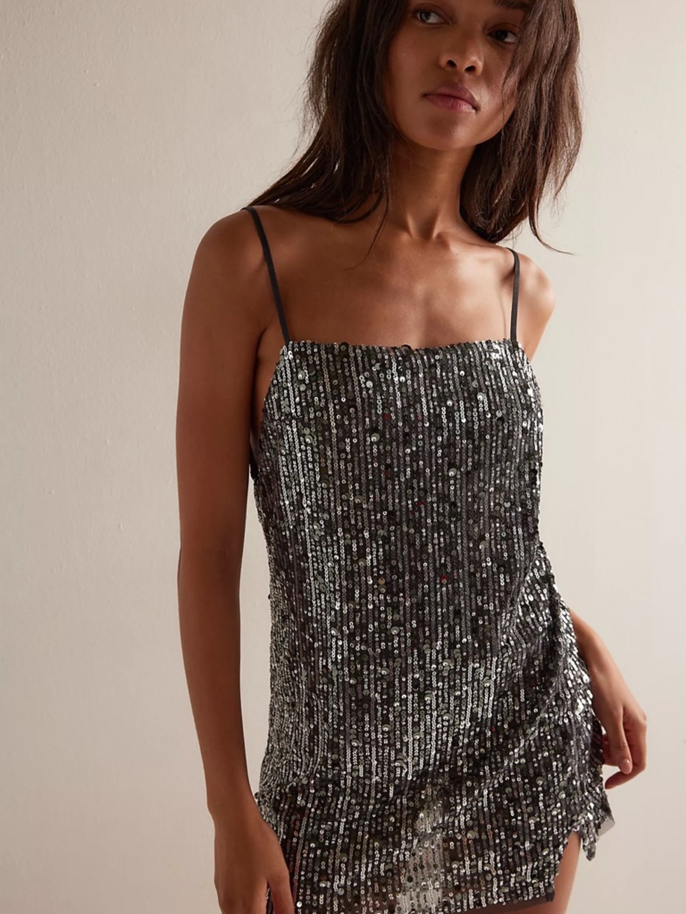 Free People Black Sequin Slip Dress with Spaghetti Straps